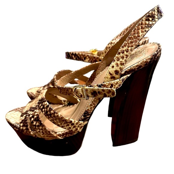 VINCE CAMUTO MINER BROWN SNAKE PRINT PLATFORM 70s STYLE SANDALS 7.5 - Picture 2 of 5